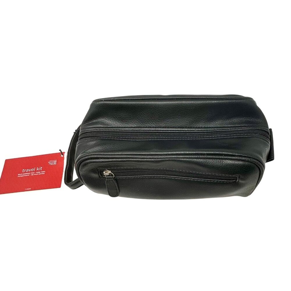 Black Pebbled Vinyl Travel Kit‎ - Top Zipper, 2 Zipper pockets